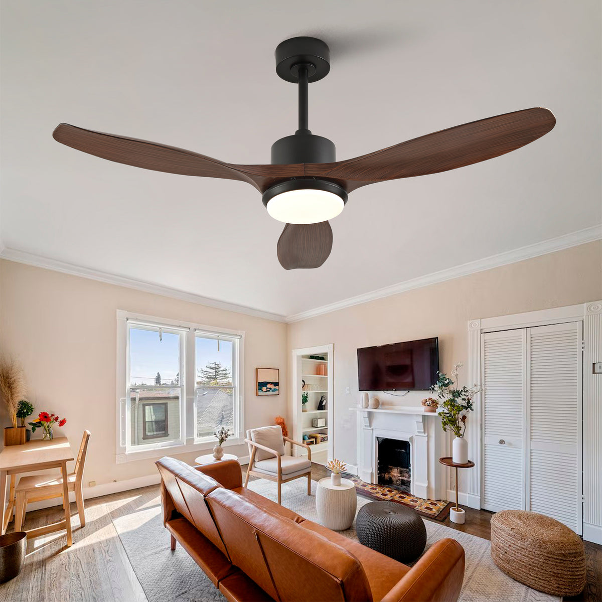 52 Inch Modern Black Ceiling Fan With Light 3 ABS  Blades Remote Control Reversible DC Motor With Dimmable LED