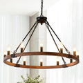 31.5 INCH Wood Wagon Wheel Chandelier Modern Farmhouse  Pendant Light 12-Light Ceiling Hanging Lighting Fixtures for Living Room Dining Room Kitchen Island Foyer--NO INCLUDED BULBS--WOOD + Matte Black