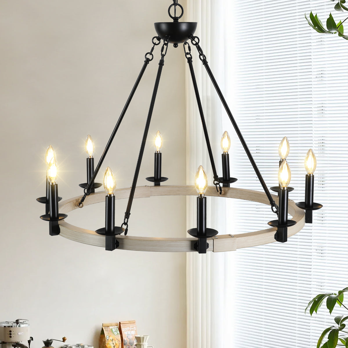 32' Rustic Farmhouse 10-Light Candle Chandelier, Black Metal and Wood Round Hanging Light Fixture for Dining Room, Kitchen, Living Room, Adjustable Height, E12 Bulb Base (No Bulbs)