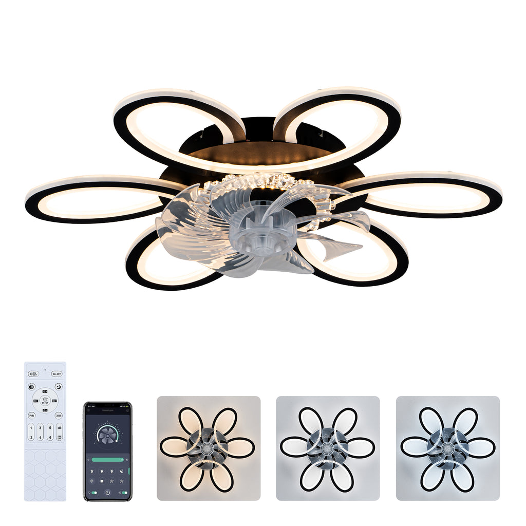 5 PCS Blades Ceiling Fan with Lights Remote Control.APP, 25' Black, 6 Speeds 3 Light Color Low Profile Flush Mount Ceiling Fan for Kitchen Bedroom