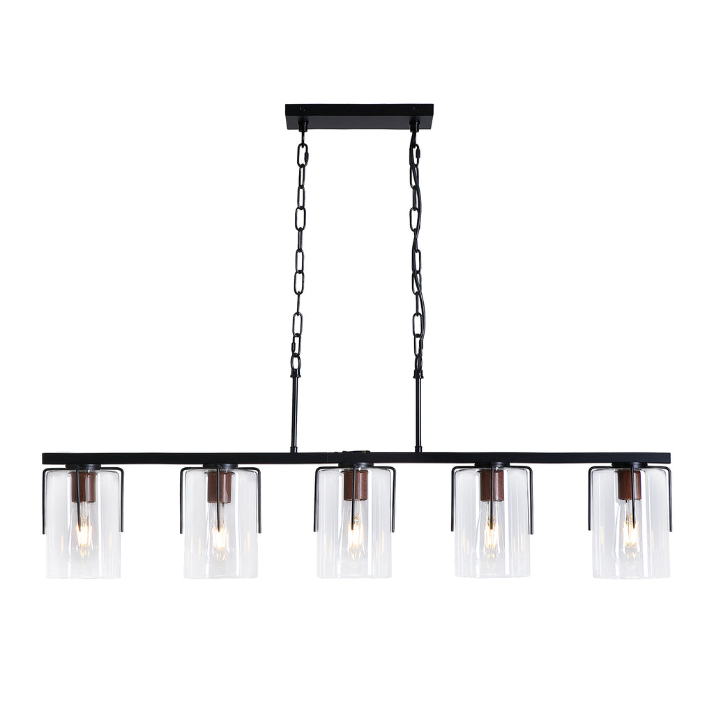 5-Light Linear Chandelier, Industrial Kitchen Island Lighting with Adjustable Height, Clear Glass Shades & Wood Grain Accent, E26 Base, Modern Farmhouse Dining Room Light Fixture for Living Room