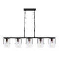 5-Light Linear Chandelier, Industrial Kitchen Island Lighting with Adjustable Height, Clear Glass Shades & Wood Grain Accent, E26 Base, Modern Farmhouse Dining Room Light Fixture for Living Room