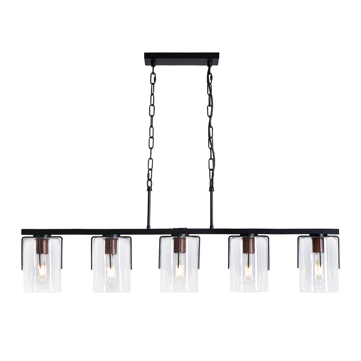 5-Light Linear Chandelier, Industrial Kitchen Island Lighting with Adjustable Height, Clear Glass Shades & Wood Grain Accent, E26 Base, Modern Farmhouse Dining Room Light Fixture for Living Room