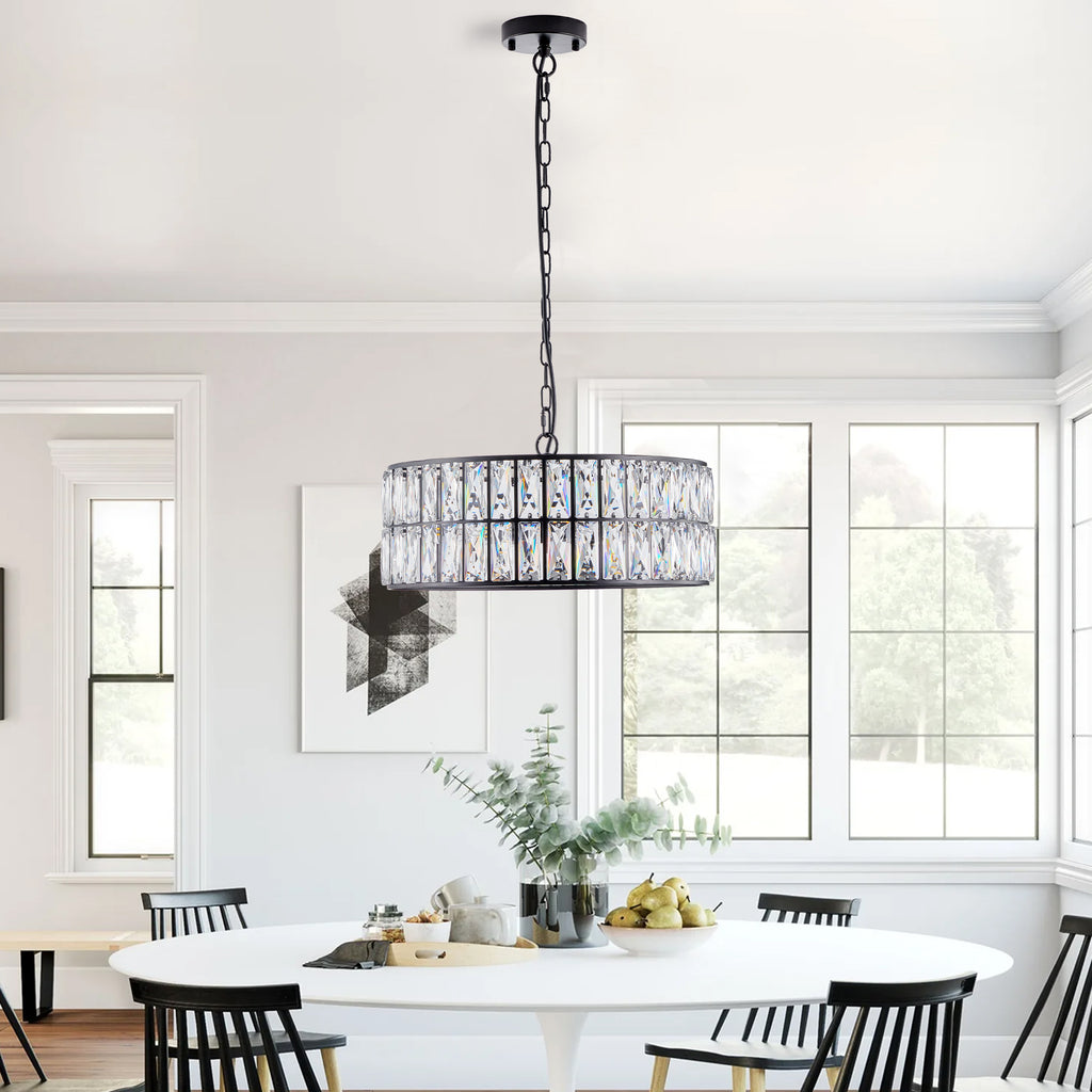 18' Black Modern Crystal Drum Chandelier, 6-Light Pendant Lighting Fixture with Metal Frame for Living Room, Dining Room, and Bedroom (Bulbs Not Included)
