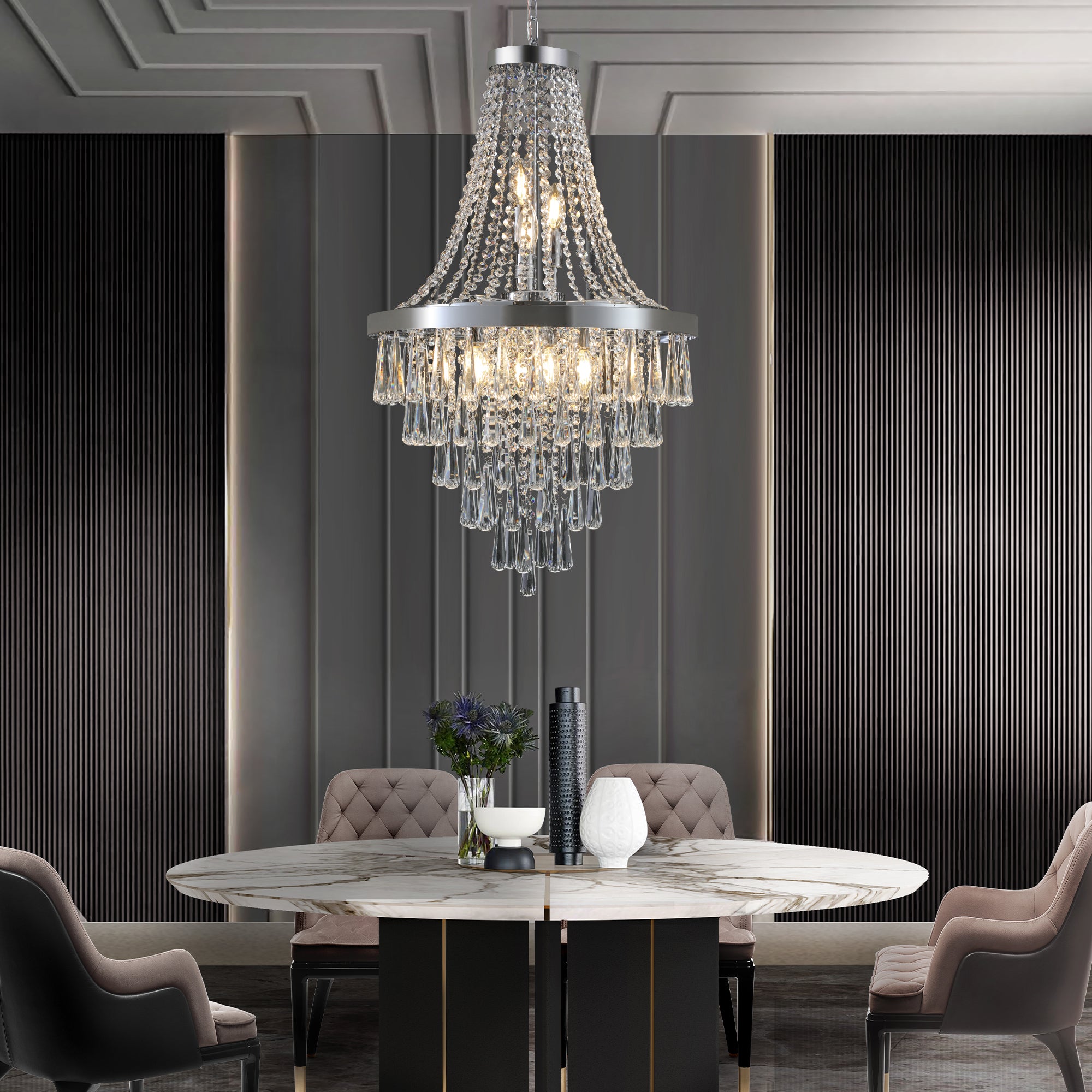 20' Chrome Crystal Chandelier with Adjustable Height, Modern Ceiling Light Fixture for Living Room, Dining Room, Staircase, 11-Light E12 Bulb Base (No Bulbs)