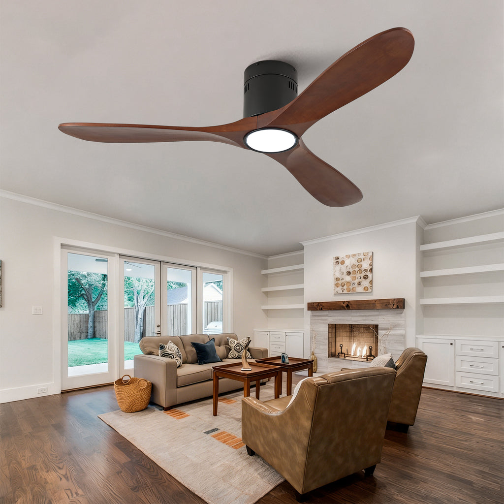 52-inch recessed ceiling fan with light, remote control, solid wood blades, dimmable, reversible, quiet operation, power-off memory function, low-profile design. Suitable for bedrooms, patios, indoor/