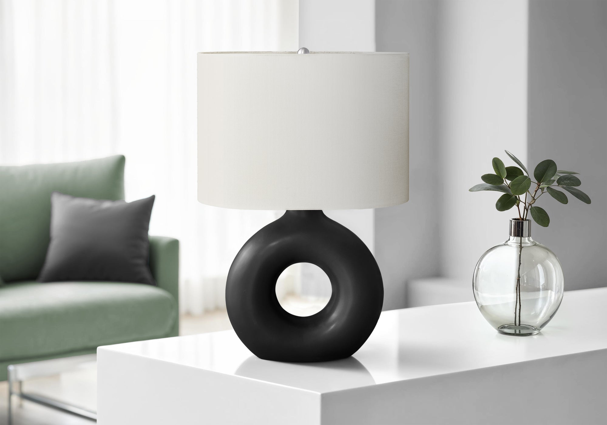 Lighting, 24'h, Table Lamp, Black Ceramic, Ivory / Cream Shade, Contemporary, Modern