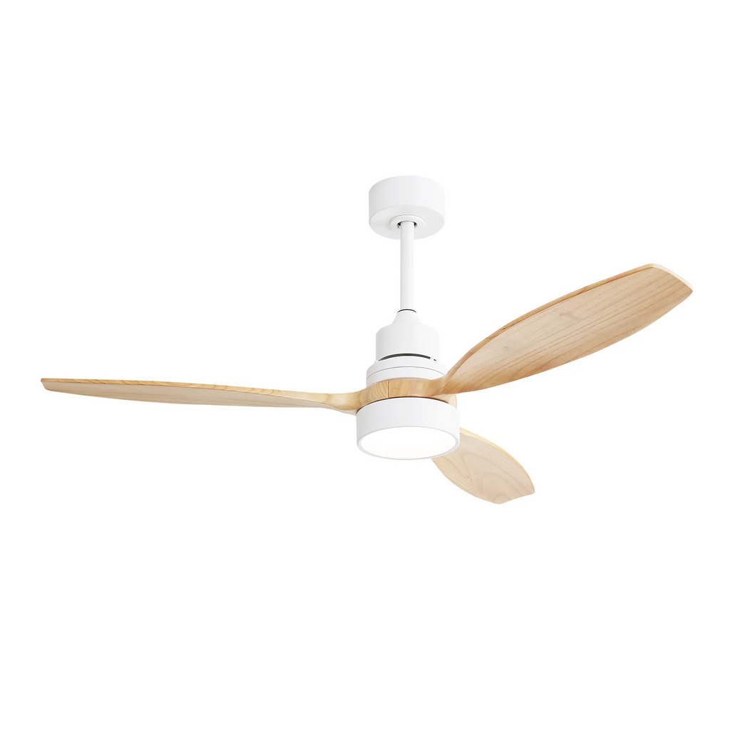 Modern Wooden 52 Inch Ceiling Fan with 6 Speed Remote Control and 3CCT LED Light in White Metal & Wood Construction for Bedroom, Living Room, Patio