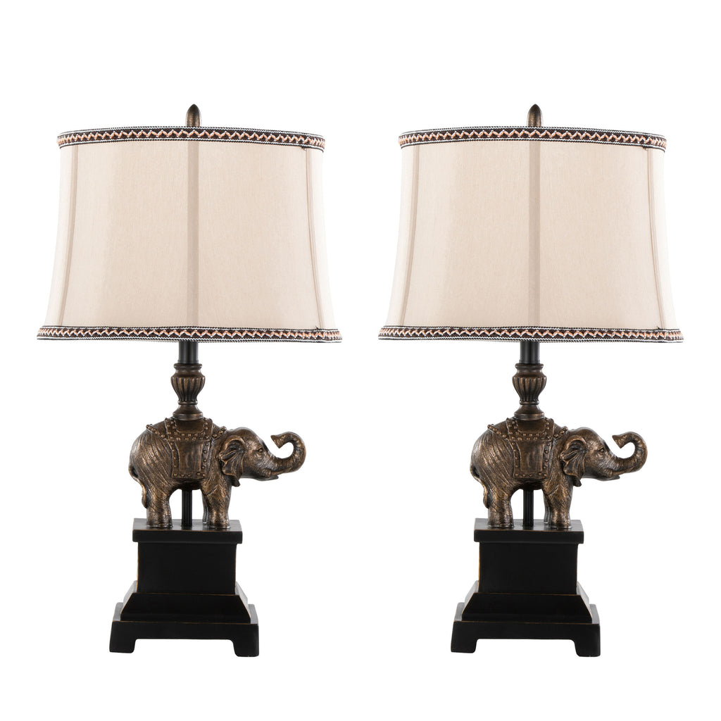 27' Polyresin Table Lamp in Bronze Polyresin with Natural Linen Soft Back Shade  - Set of 2