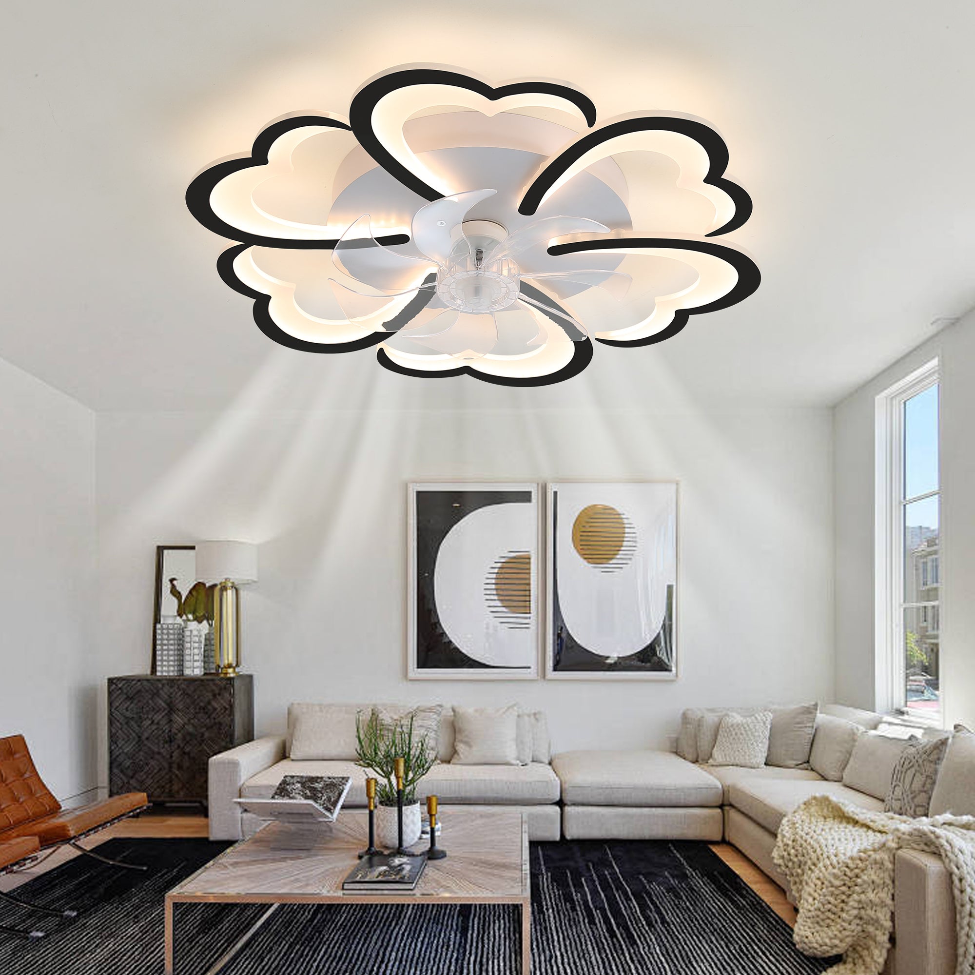 26.7In Black Ceiling Fan with Lights, Remote Control 3 Color Temperatures,6 Gear wind Speed Fan Light