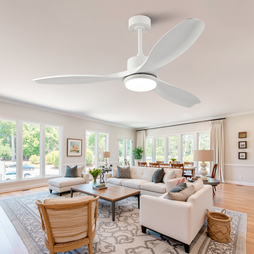 52-inch modern white ceiling fan with light, featuring 3 ABS plastic blades, remote control operation, reversible DC motor, and dimmable LED lighting.