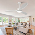52-inch modern white ceiling fan with light, featuring 3 ABS plastic blades, remote control operation, reversible DC motor, and dimmable LED lighting.