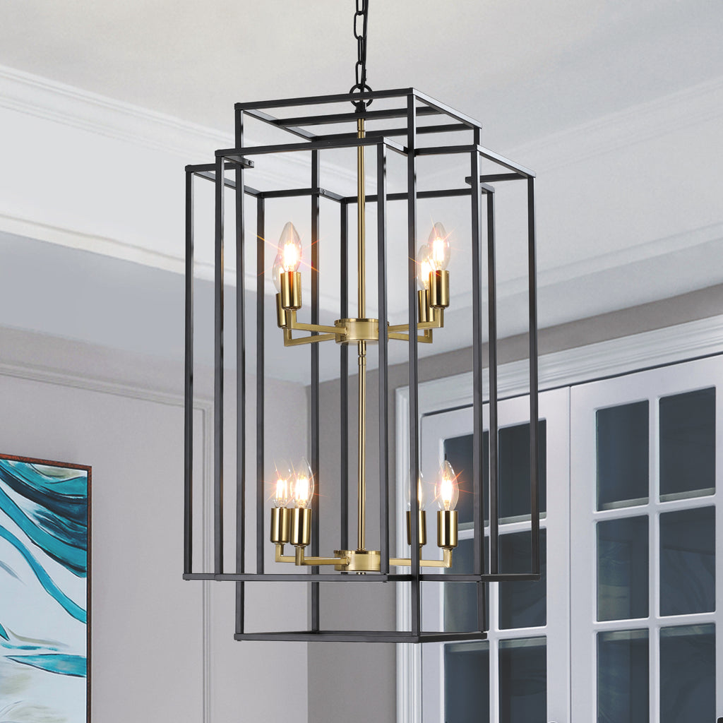18' Modern 8-Light Black Gold Geometric Pendant Chandelier, Industrial Metal Frame, Adjustable Hanging Light for Living Room, Dining Room, Kitchen (No Bulbs)