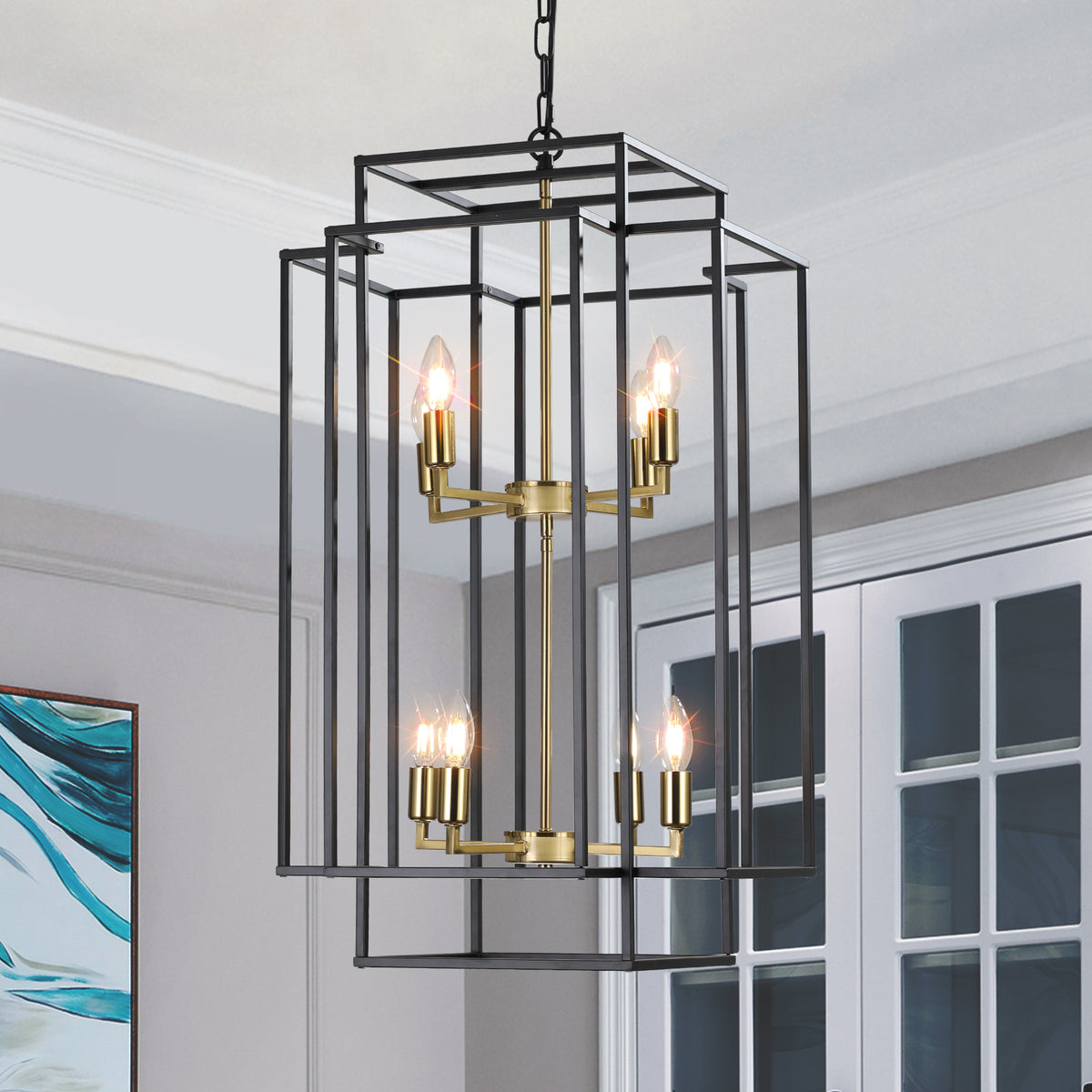 18' Modern 8-Light Black Gold Geometric Pendant Chandelier, Industrial Metal Frame, Adjustable Hanging Light for Living Room, Dining Room, Kitchen (No Bulbs)