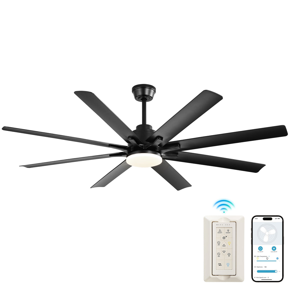 Modern 52-Inch Smart Ceiling Fan with 8 Black ABS Blades, Voice Remote Control, 6 Wind Speeds, Reversible DC Motor, 3-Color Lighting for Bedroom, Living Room, Patio, Kitchen