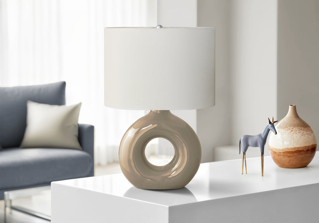 Lighting, 24'h, Table Lamp, Brown Ceramic, Ivory / Cream Shade, Contemporary, Modern