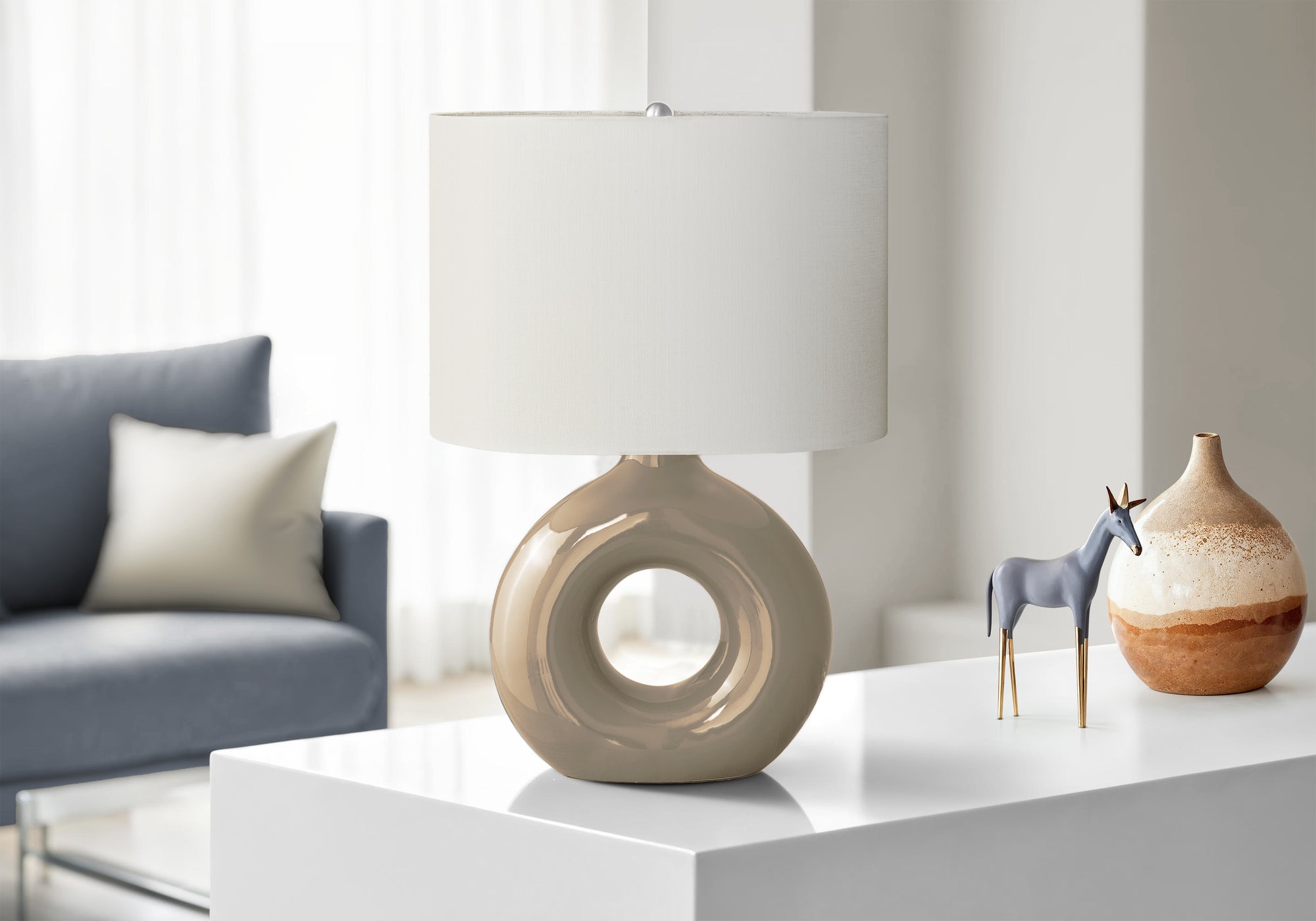 Lighting, 24'h, Table Lamp, Brown Ceramic, Ivory / Cream Shade, Contemporary, Modern