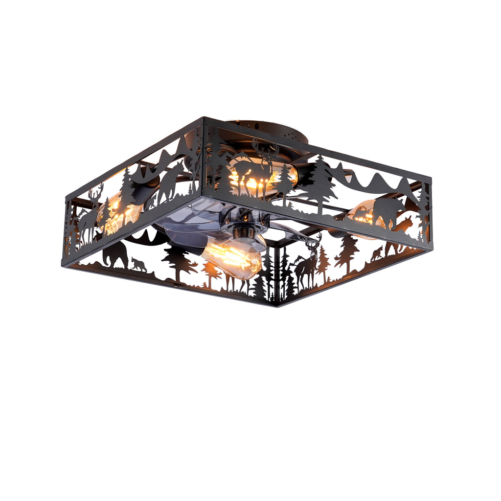 20'' Square Fabric Farmhouse Flush Mount Ceiling Fan .Bladeless Ceiling Fan 6 Speed Reversible with  Remote Control,Flush Mount  Ceiling Fan for Bedroom, Living Room--NOT Included Bulbs--Matte Black