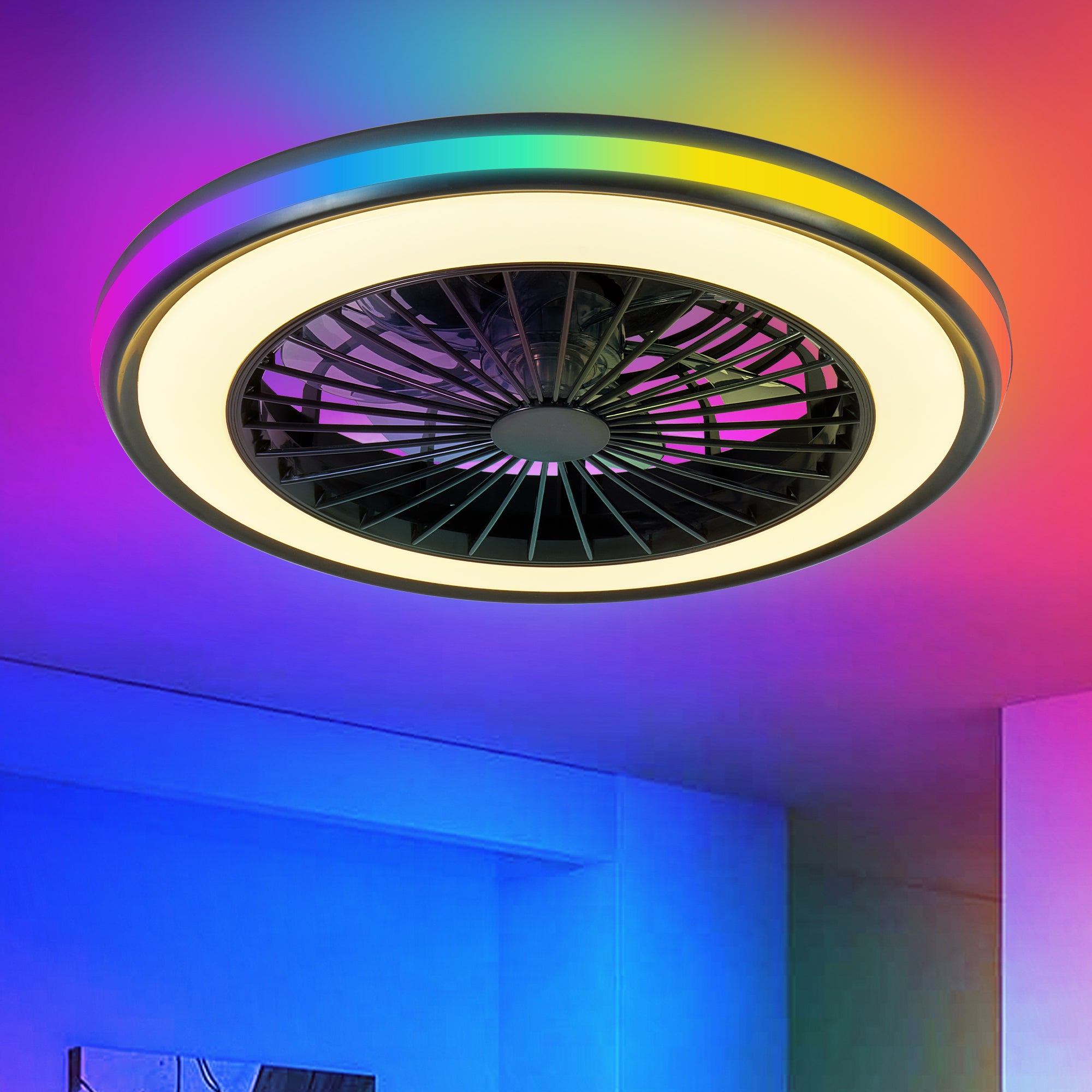 Modern LED Ceiling Light with Fan, RGB Ceiling Fan Lights, infinitely dimmable Light for Living Room, Bedroom, Office, 3000-4500-6000 K (Black & 20' & RGB)