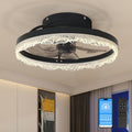 16' Decorative LED Ceiling Fan Light – Modern Flush Mount with Crystal-Inspired Acrylic Ring, Hidden Blades, Remote Control, and Dimmable Light for Stylish Homes (Black)