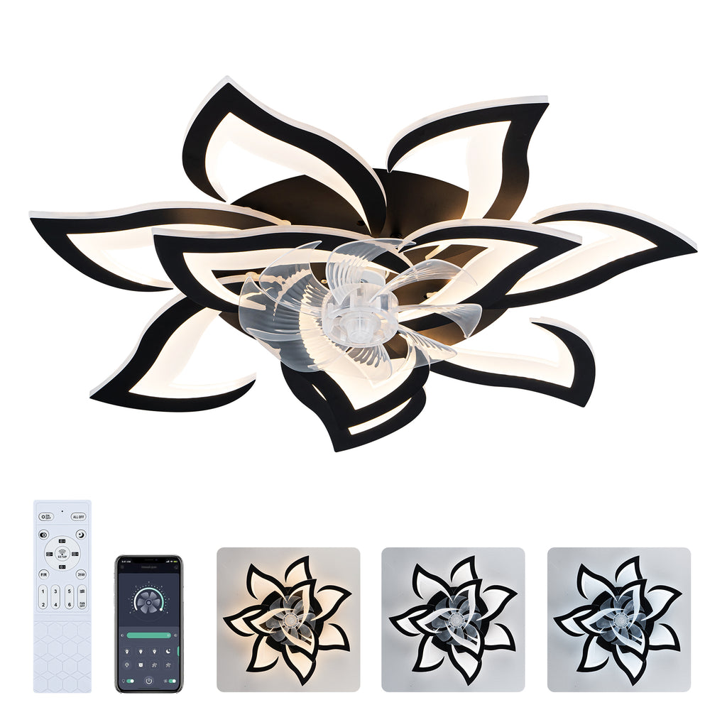 Modern Ceiling Fan with Lights Remote Control, 10 PCS Blades ,32' Black Ceiling Fan with Light, 6 Speeds 3 Light Color Low Profile Flush Mount Ceiling Fan for Kitchen Bedroom