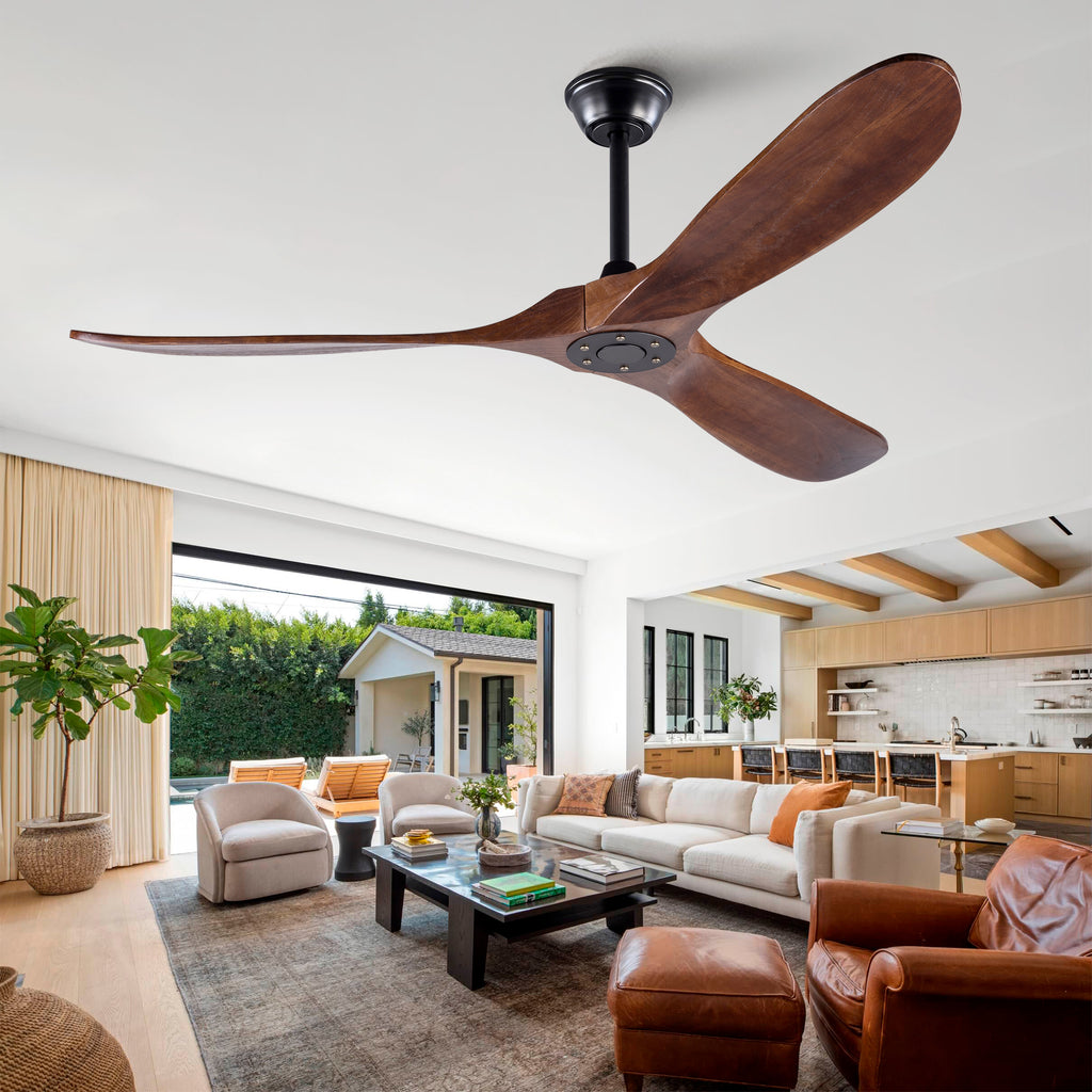 60' Solid Wood Ceiling Fan, Outdoor, 3 Blade, No Light, Walnut, for Patio Living Room Bedroom Porch, Remote Control, Water Resistant