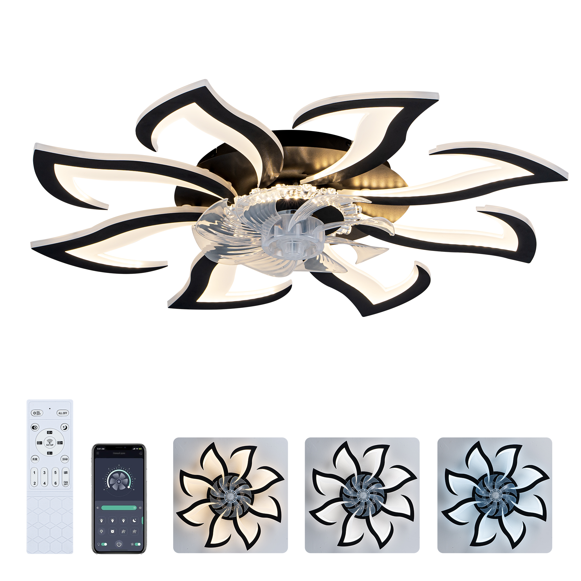 8 PCS Blades Modern Ceiling Fan with Lights Remote Control, 32' Black Ceiling Fan with Light, 6 Speeds 3 Light Color Low Profile Flush Mount Ceiling Fan for Kitchen Bedroom