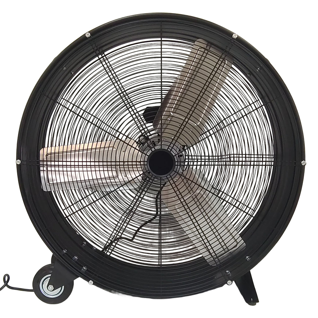 30in. High Velocity Drum Fan, 2 speed, Heavy-duty Metal Construction, Pure Copper Wiring Motor, Powerful Airflow, Aluminum blades, Black Powder Finish,  For Warehouse, Workshop, Factory and Garage