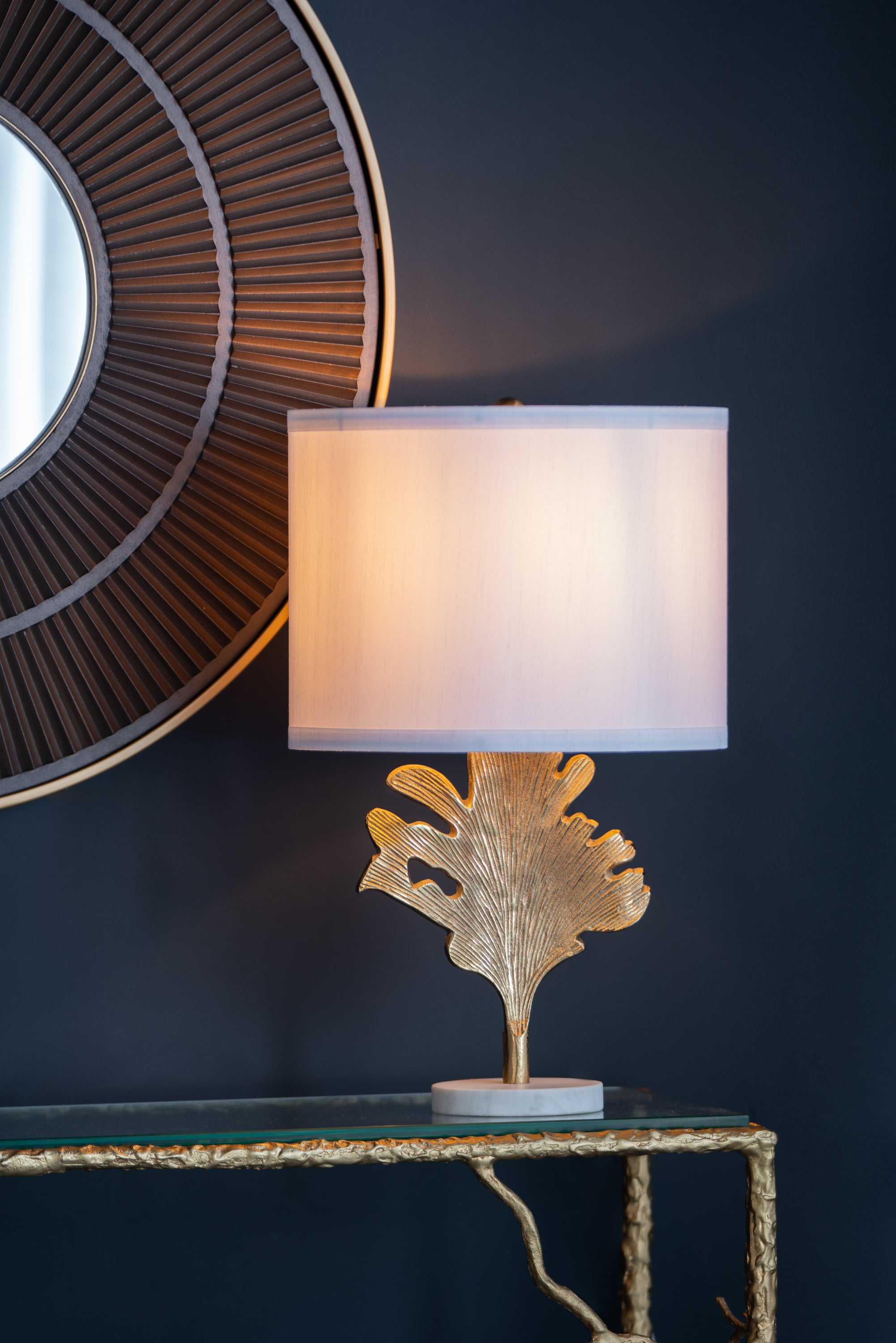 D13x22.2' Gold and White Table Lamp with Leaf Design (Lamp Shade Assembly Required)