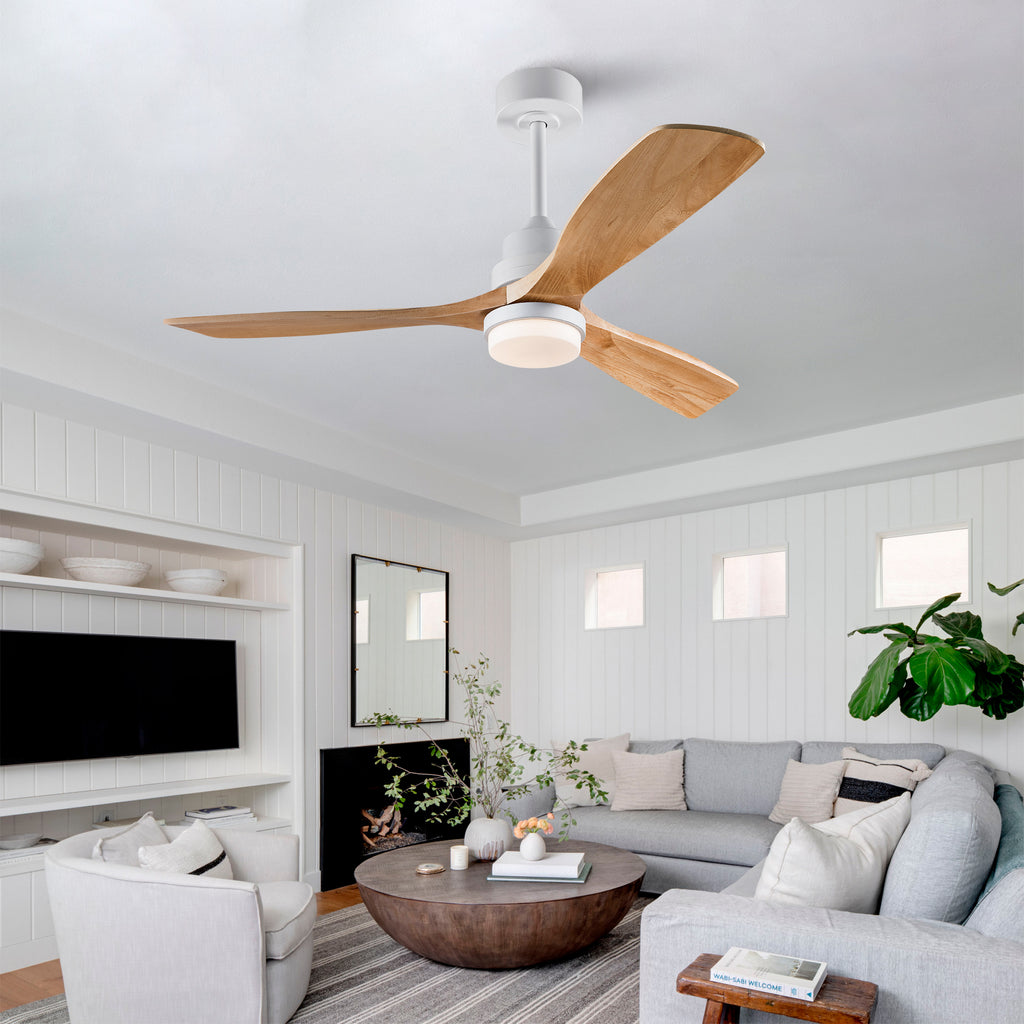 52 Inch Modern  Ceiling Fan With 3 Color Dimmable 3 Solide Wood Blades Remote Control Reversible DC Motor With Led Light