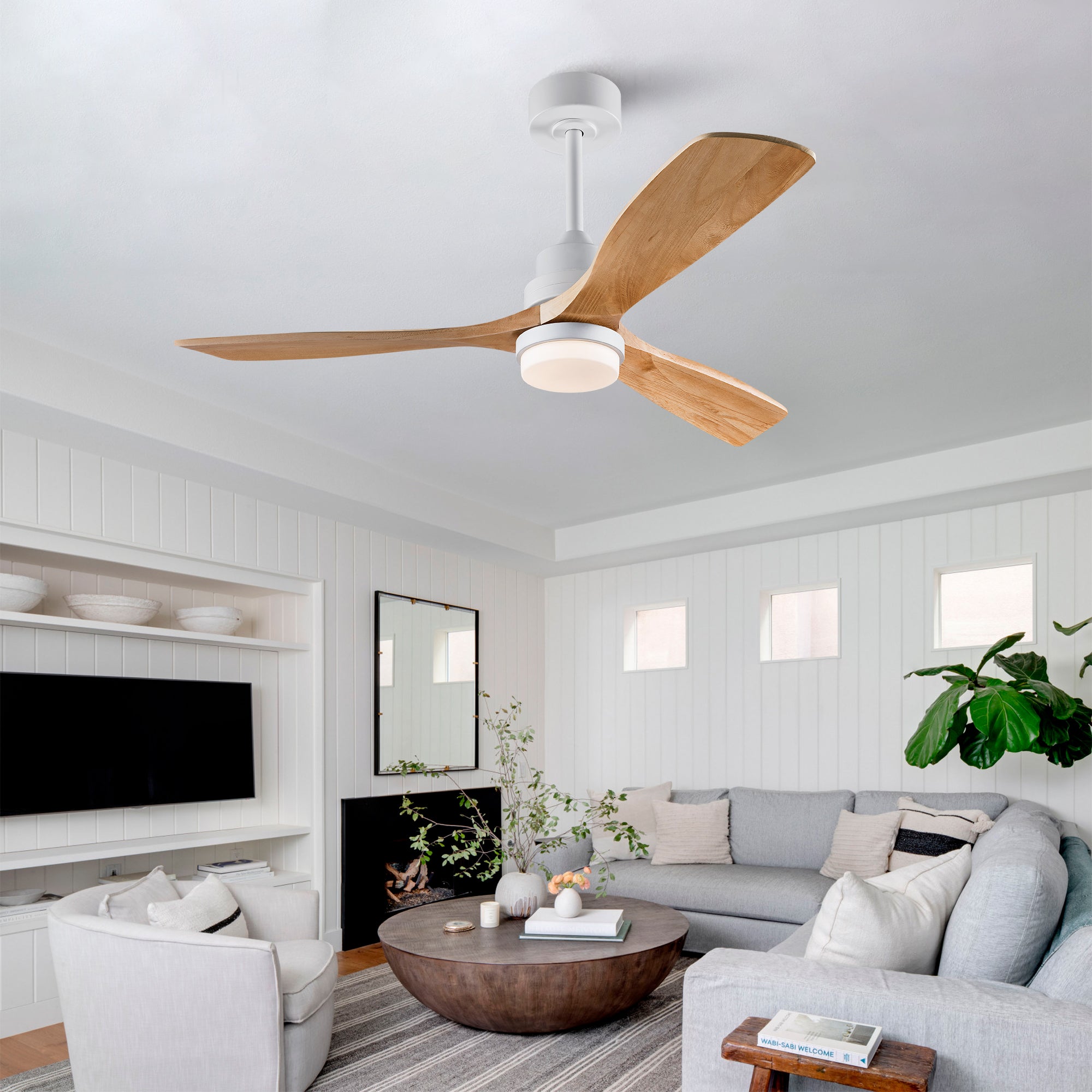 52 Inch Modern  Ceiling Fan With 3 Color Dimmable 3 Solide Wood Blades Remote Control Reversible DC Motor With Led Light