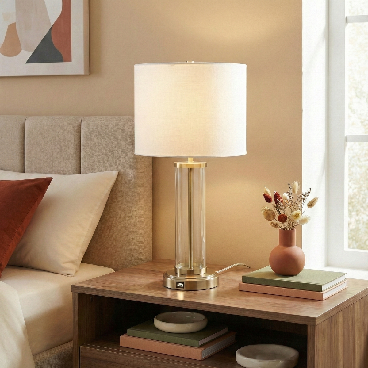 Luna Brushed Nickel Table Lamp with On/Off Switch Clear Glass Body  Metal Base