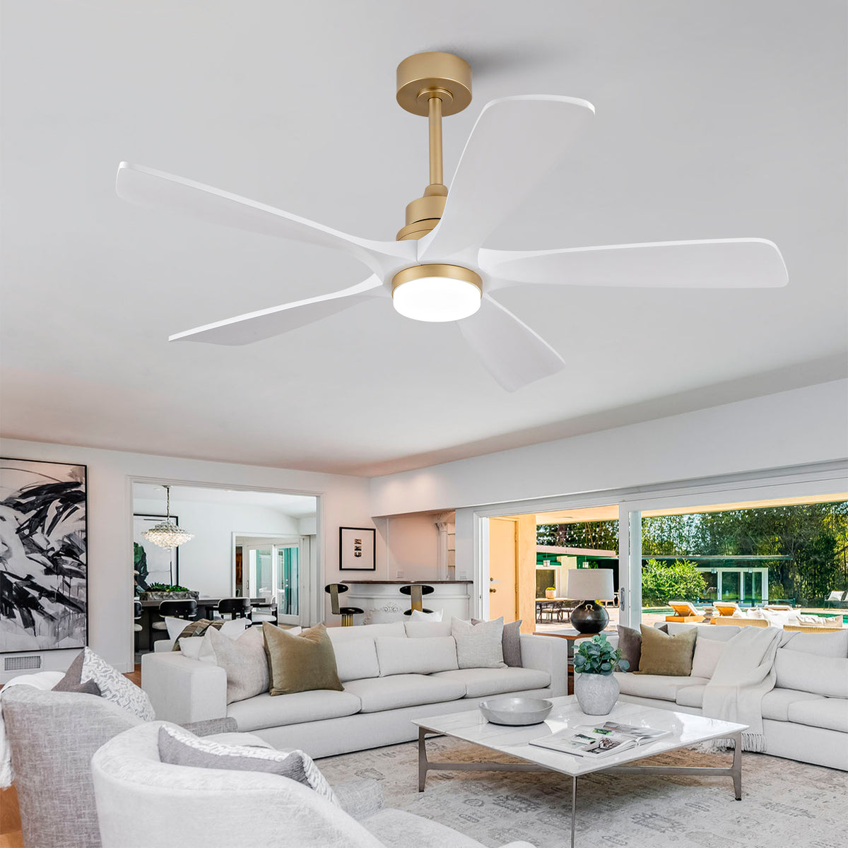 52 Inch Indoor Ceiling Fans With Lights and Remote Control, Dimmable LED, 5 Solid Wood Blades,Reversible DC Motor. Ceiling Fan with light for Bedroom, Living Room, Study Room