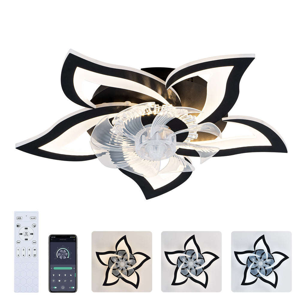 5 PCS Blades Ceiling Fan with Lights Remote Control, 24' Black, 6 Speeds 3 Light Color Low Profile Flush Mount Ceiling Fan for Kitchen Bedroom