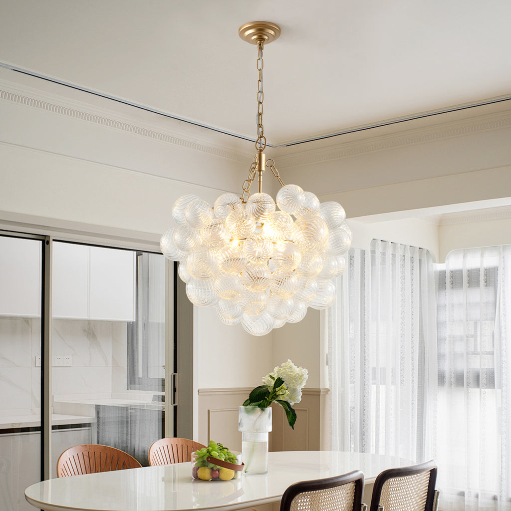 20-Inch Gold Pendant Light Chandelier with Threaded Clear Glass Globe Shade – Adjustable Height, Ideal for Living Room, Dining Room, Kitchen (No Bulbs)