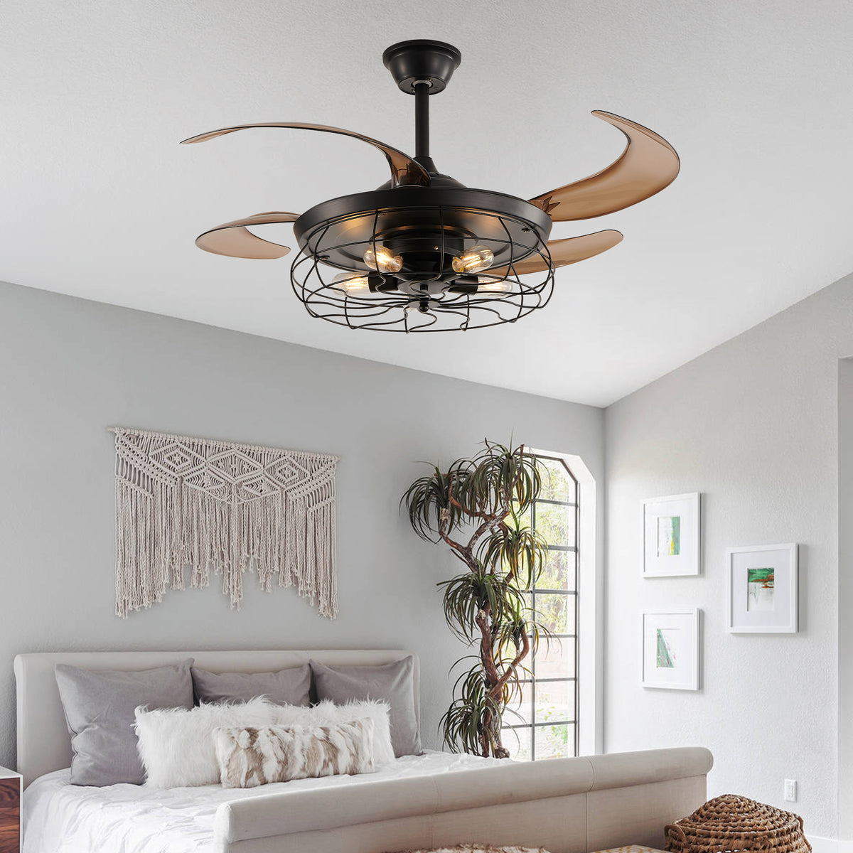 48' Black Remote Control Ceiling Fan Light – Industrial 4-Blade Fan with Cage Design and Adjustable Speed for Living Room, Bedroom, or Office (Silent/6-Speed/Reversible/DC Motor) (Bulb Not Included)
