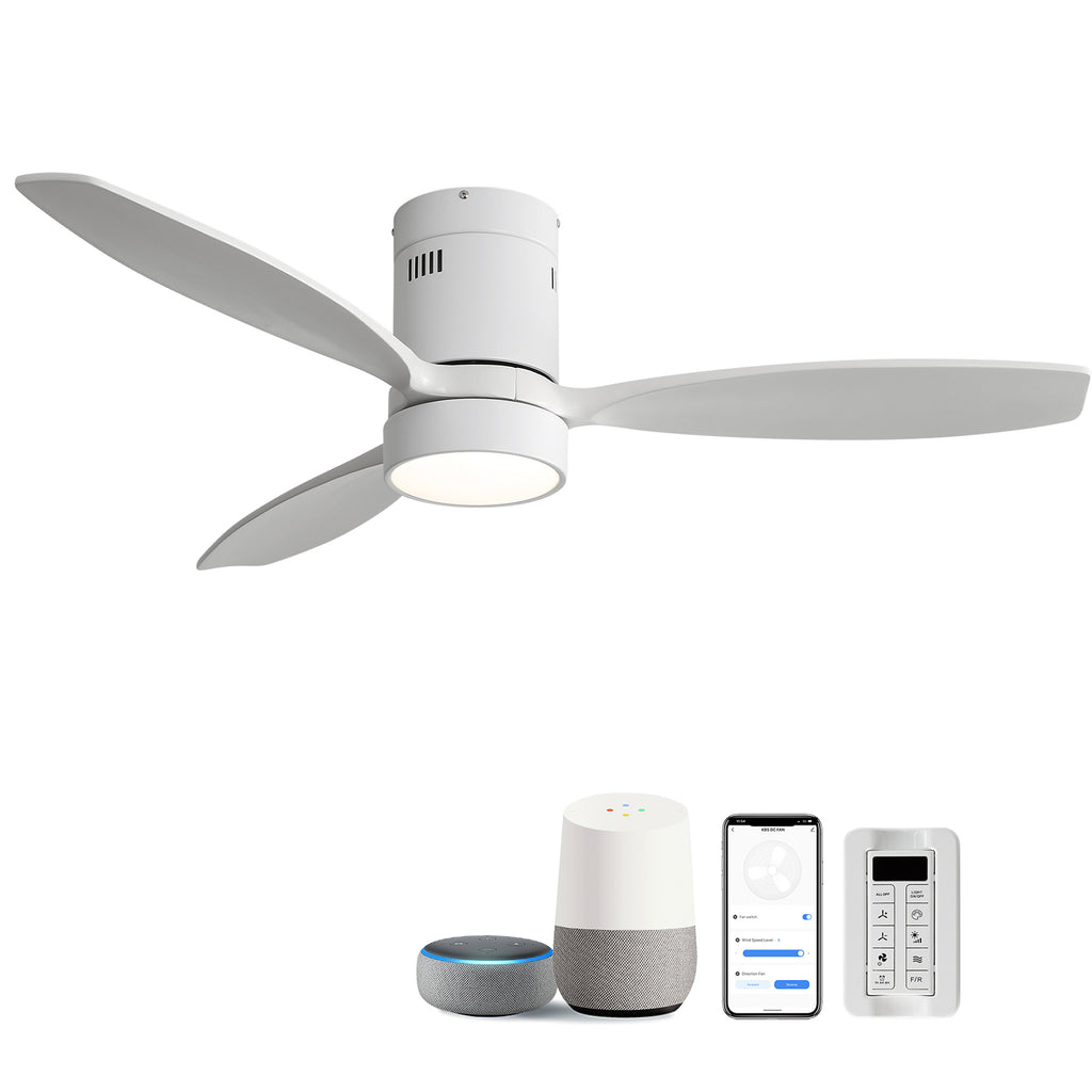 52 Inch Flush Mount Ceiling Fan Solid Wood Fan Blade Noiseless Reversible Motor Smart Remote Control With Light