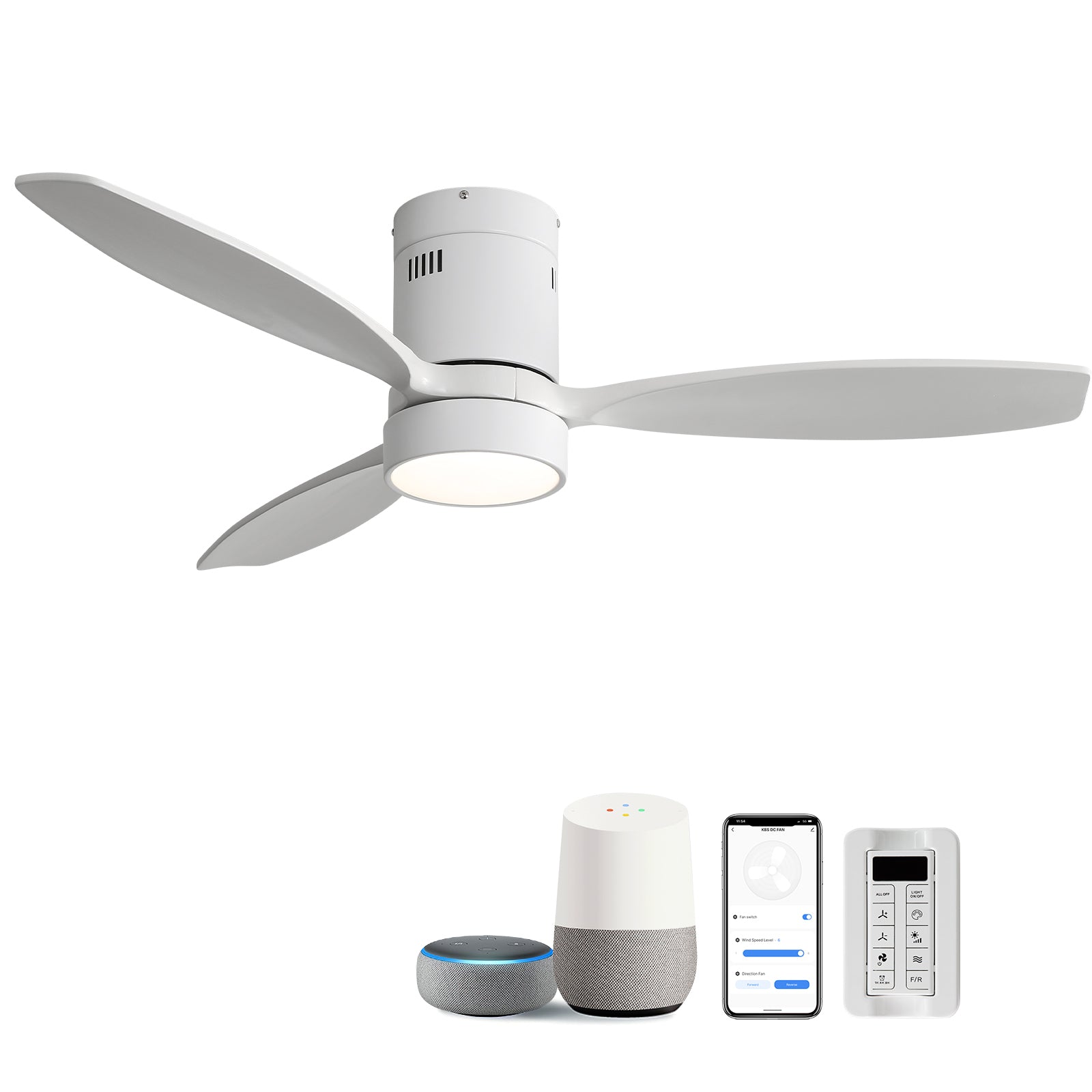 52 Inch Flush Mount Ceiling Fan Solid Wood Fan Blade Noiseless Reversible Motor Smart Remote Control With Light