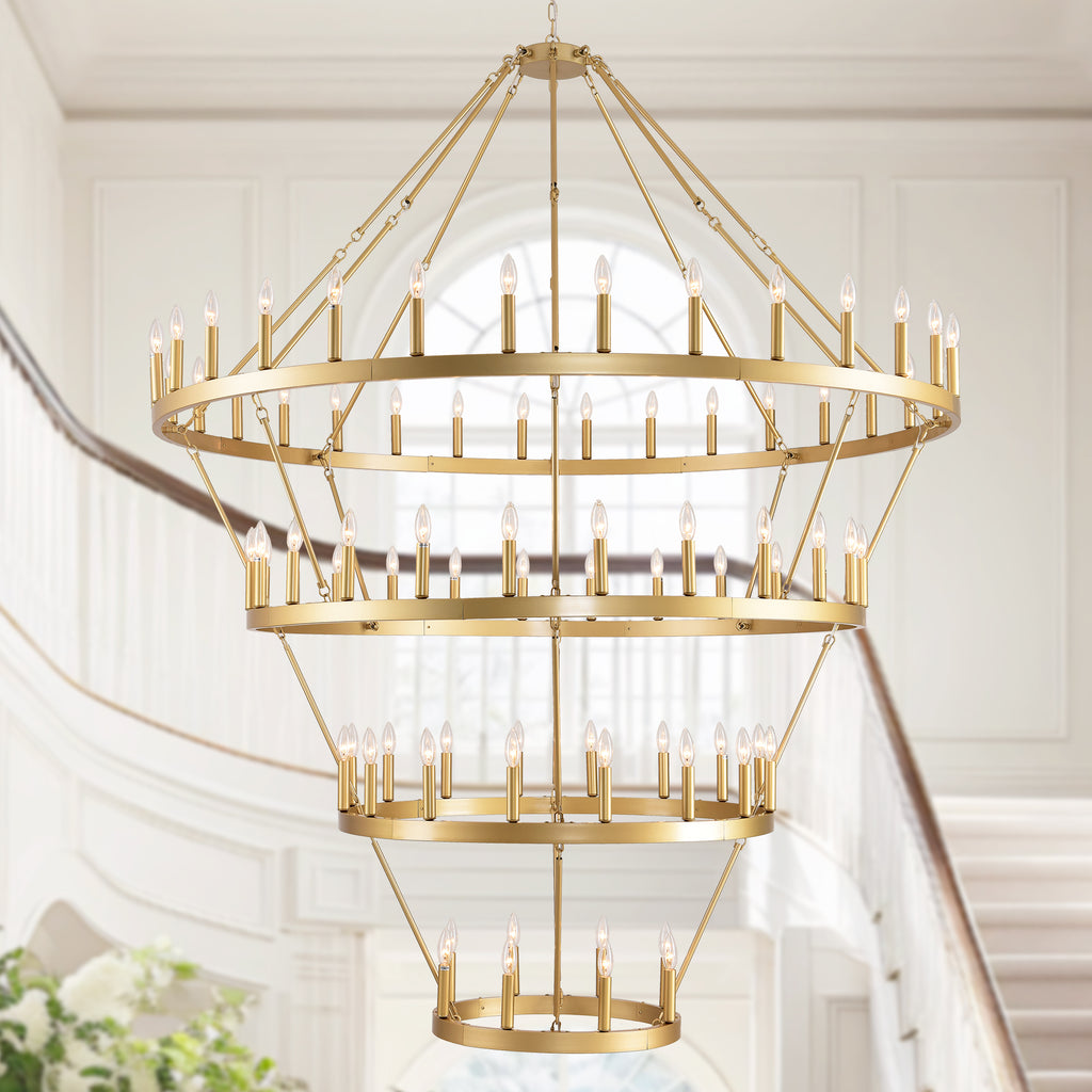 69.3 INCH 4 Tiers Wagon Wheel Chandelier  Farmhouse 80-Light , Gold Color Metal Chandeliers 4-Story Light Fixtures Industrial for High Ceiling Living Dining Room Foyer. Adjustable Height-E12