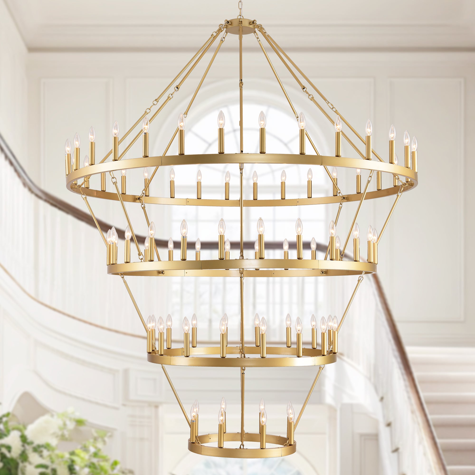 69.3 INCH 4 Tiers Wagon Wheel Chandelier  Farmhouse 80-Light , Gold Color Metal Chandeliers 4-Story Light Fixtures Industrial for High Ceiling Living Dining Room Foyer. Adjustable Height-E12