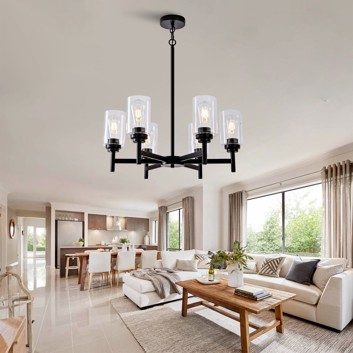 Farmhouse 6-Light Glass Chandelier, Modern Black Light Fixture for Kitchen Dining Room Over Table, Industrial Lighting for Living Room, Foyer, Entryway, E26 Bulb Base