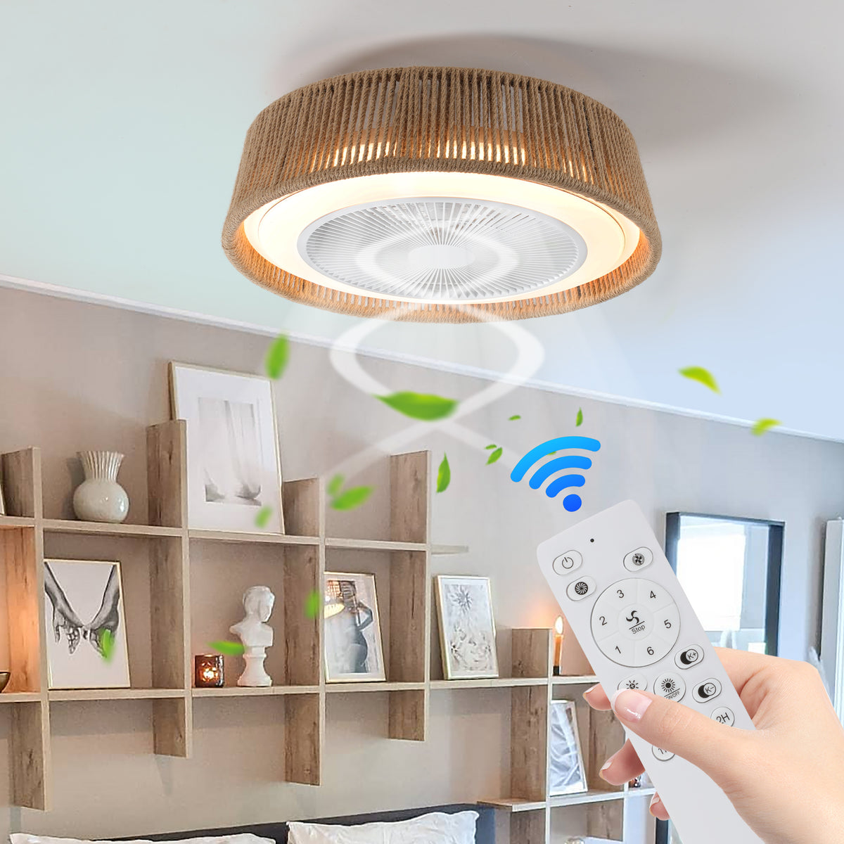 21' Bohemian Braided Ceiling Fan Light, Silent Remote Control with Timing Function, Adjustable Color Temperature, Suitable for Bedroom and Living Room