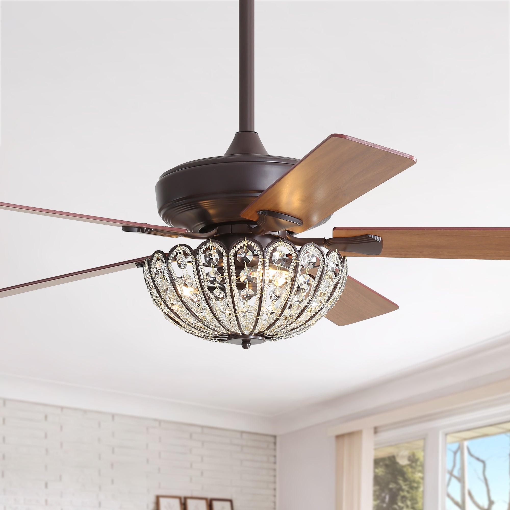 52-Inch Coffee Color Ceiling Fan With Crystal Light and Remote,With 5 Plywood Blades,Vintage Design,Reversible DC Motor (Bulbs not Included)