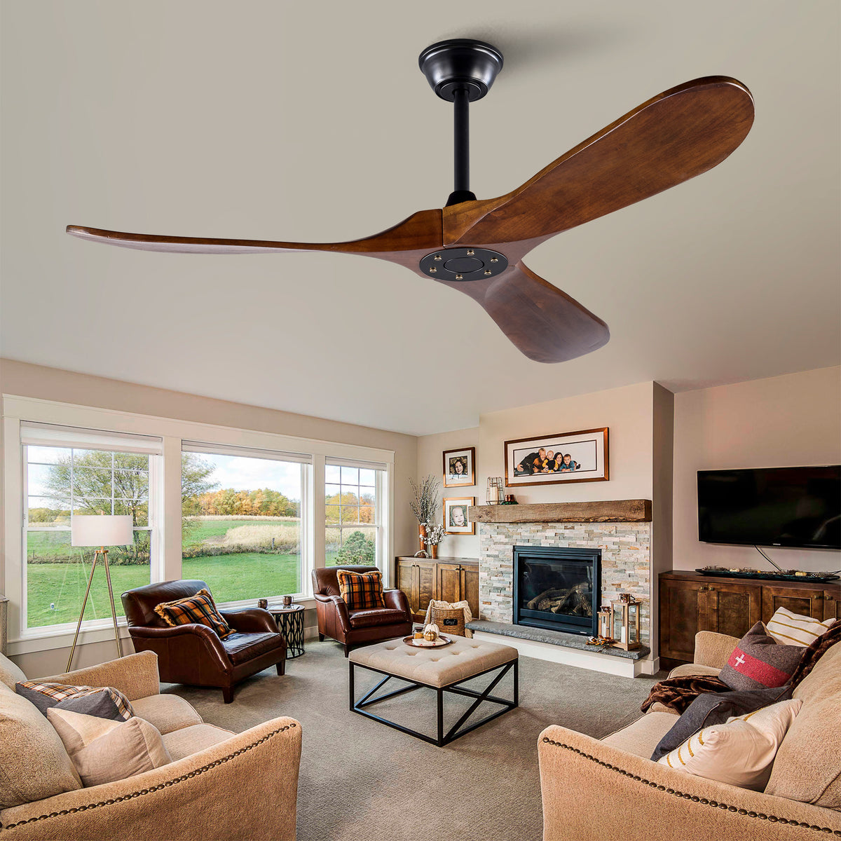 52' Ceiling Fan with Remote Control No Lights,Modern Reversible DC Motor Indoor Outdoor 3 Blades Ceiling Fans for Patio Bedroom Living Room(Black+Dark Walnut