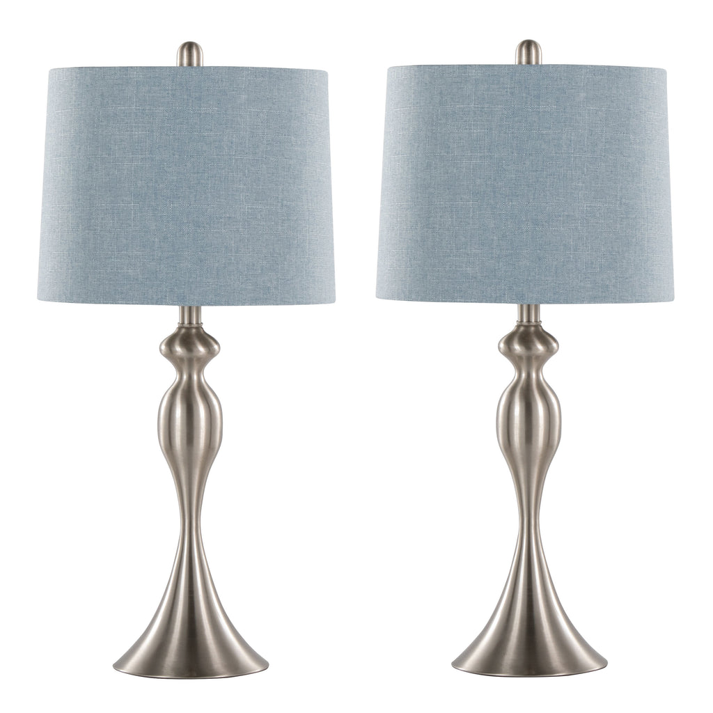 27' Contemporary Metal Table Lamp in Brushed Nickel with Light Blue Linen Shade from Grandview Gallery  - Set of 2