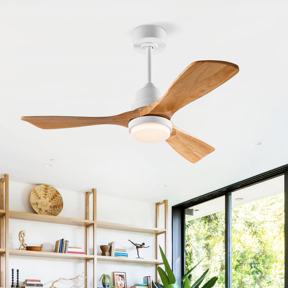 42 Inch Modern Ceiling Fan With 3 Color Dimmable 3 Solide Wood Blades Remote Control Reversible DC Motor With Led Light