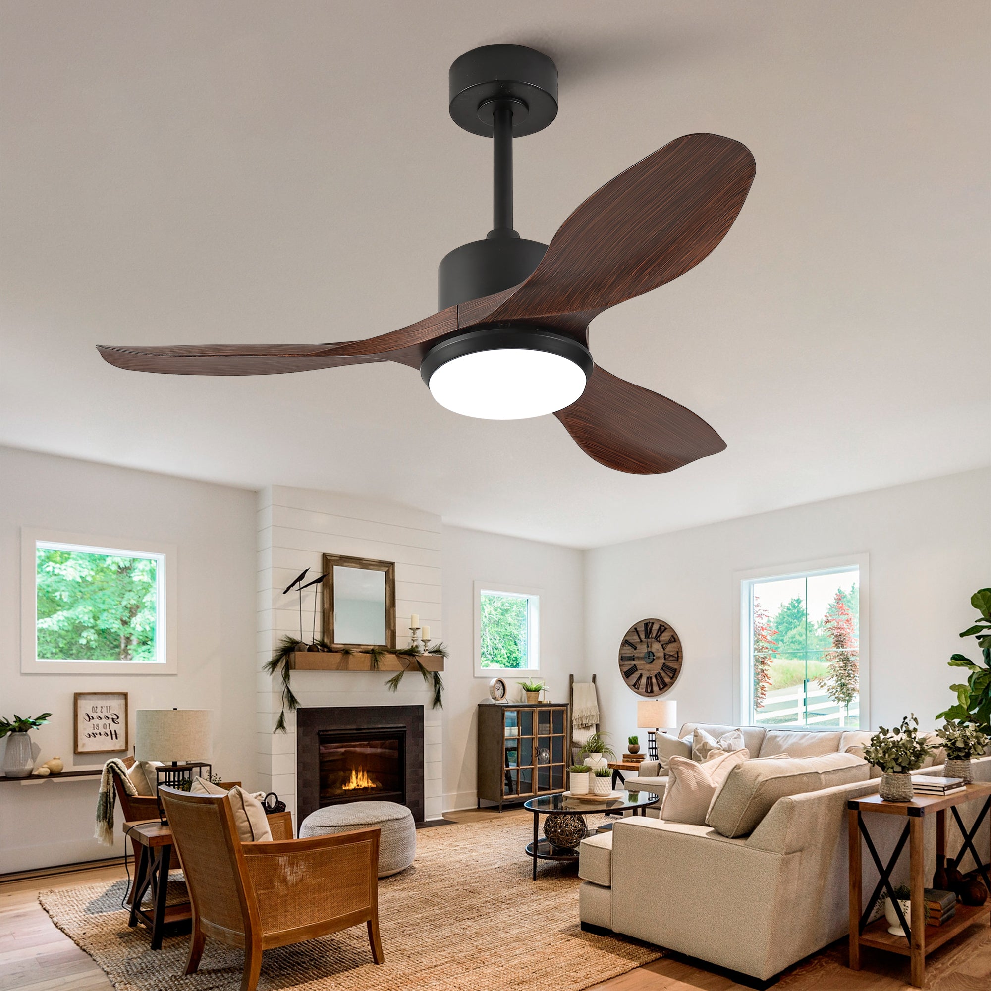 42 Inch Modern Black Ceiling Fan With Light 3 ABS  Blades Remote Control Reversible DC Motor With Dimmable LED
