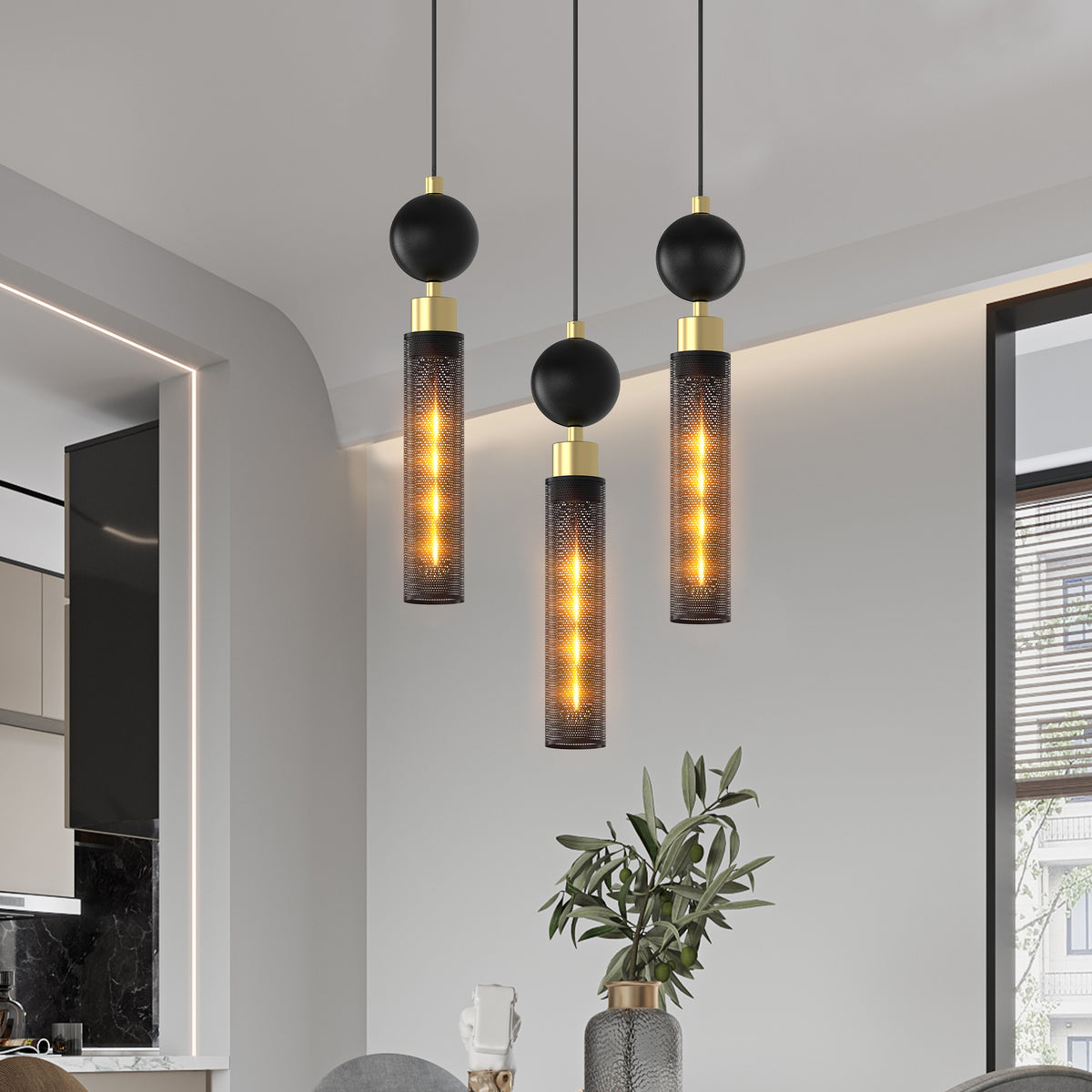 Modern Black Wrought Iron Pendant Light (for Kitchen Island), Adjustable Cord Pendant Fixture, Hanging Lighting Over Kitchen Island, Indoor Chandelier for Bedroom & Bathroom