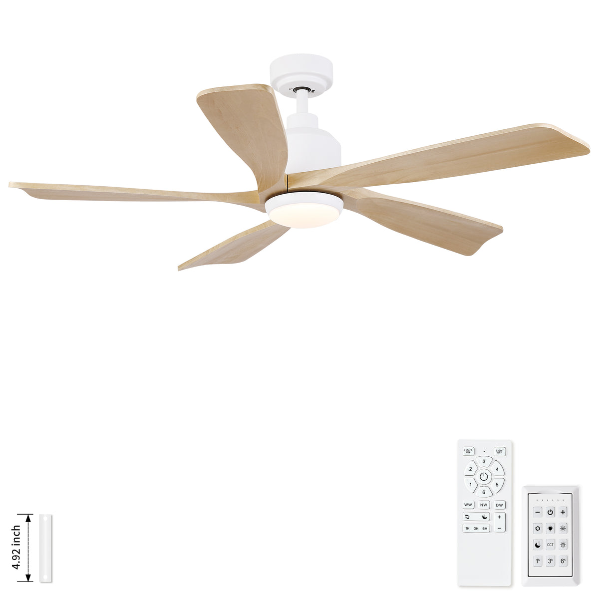 52 inch Natural Style Cozy Solid Wood White Ceiling Fan with Light Quiet DC Motor for Bedroom Living Room