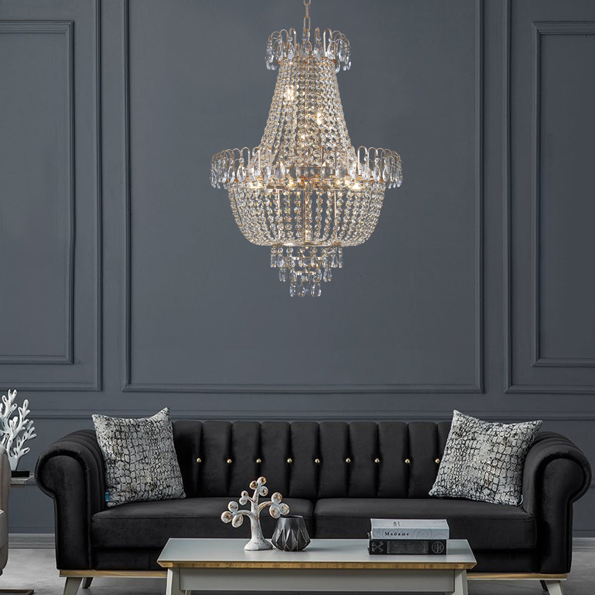 Gold Crystal Chandelier, Large Contemporary Luxury Ceiling Lighting for Living Room Dining Room Bedroom Hallway (Without Bulb)
